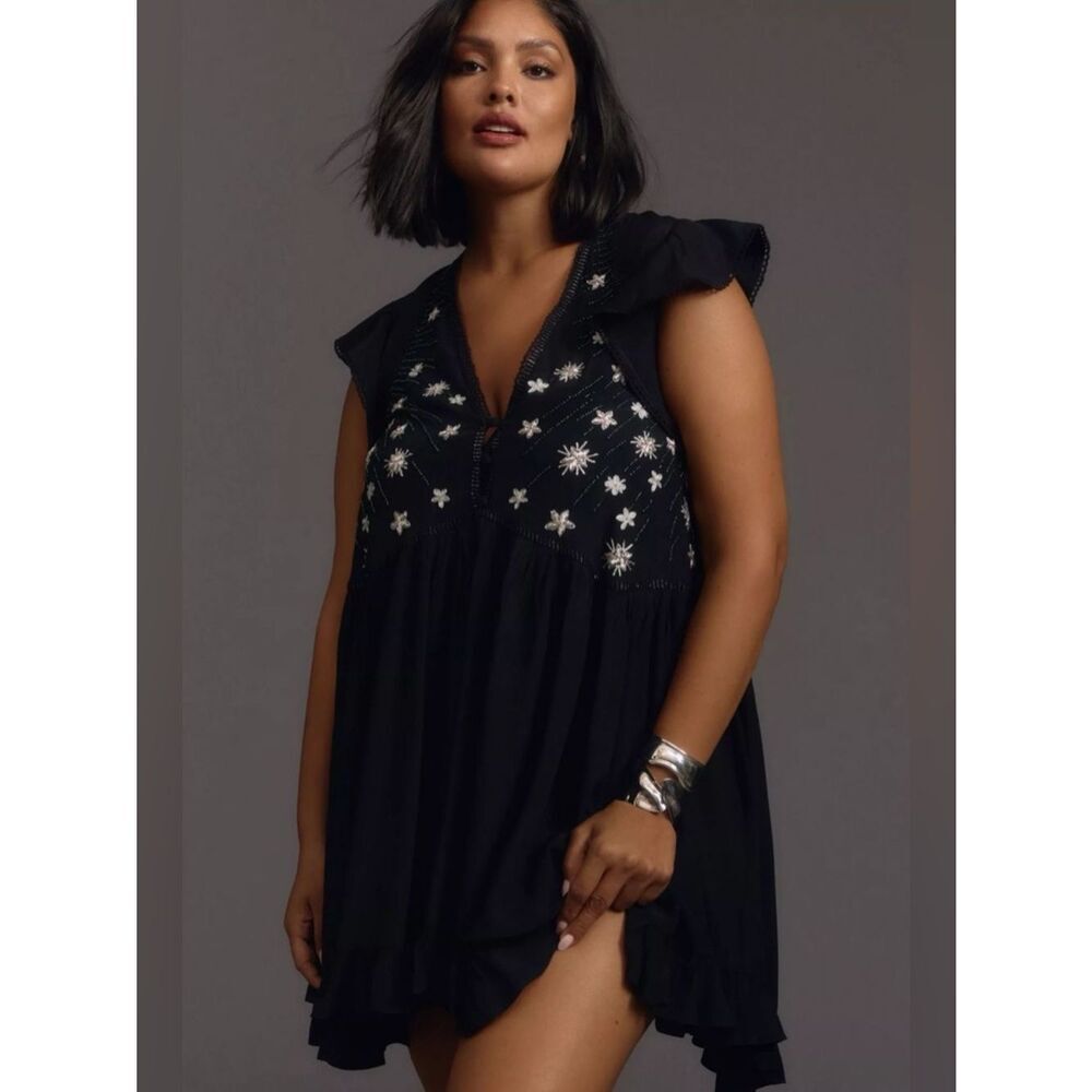 By Anthropologie | V-neck Floral-Embroidered Sequin Deco Swing Dress